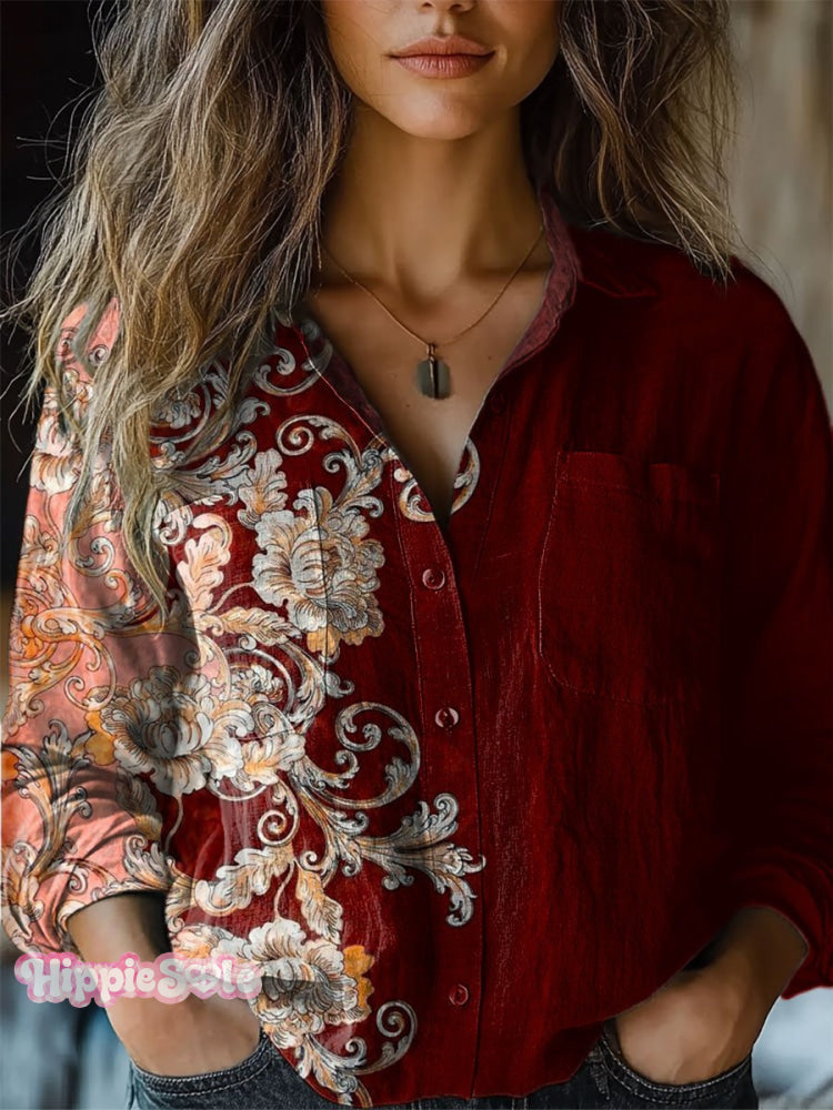 Women's Retro Floral Print Casual Long Sleeve Comfortable Cotton Shirt