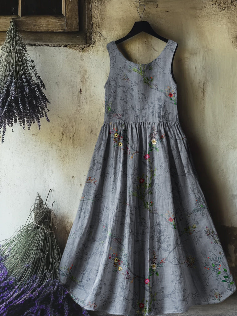 Women's Vintage Floral Art Print Sleeveless Cotton Pocket Dress