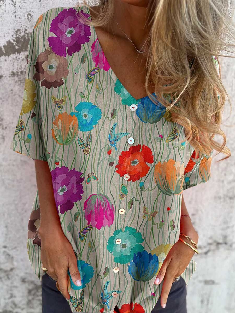 Women's Elegant Floral Shirt Style Cotton and Linen Top