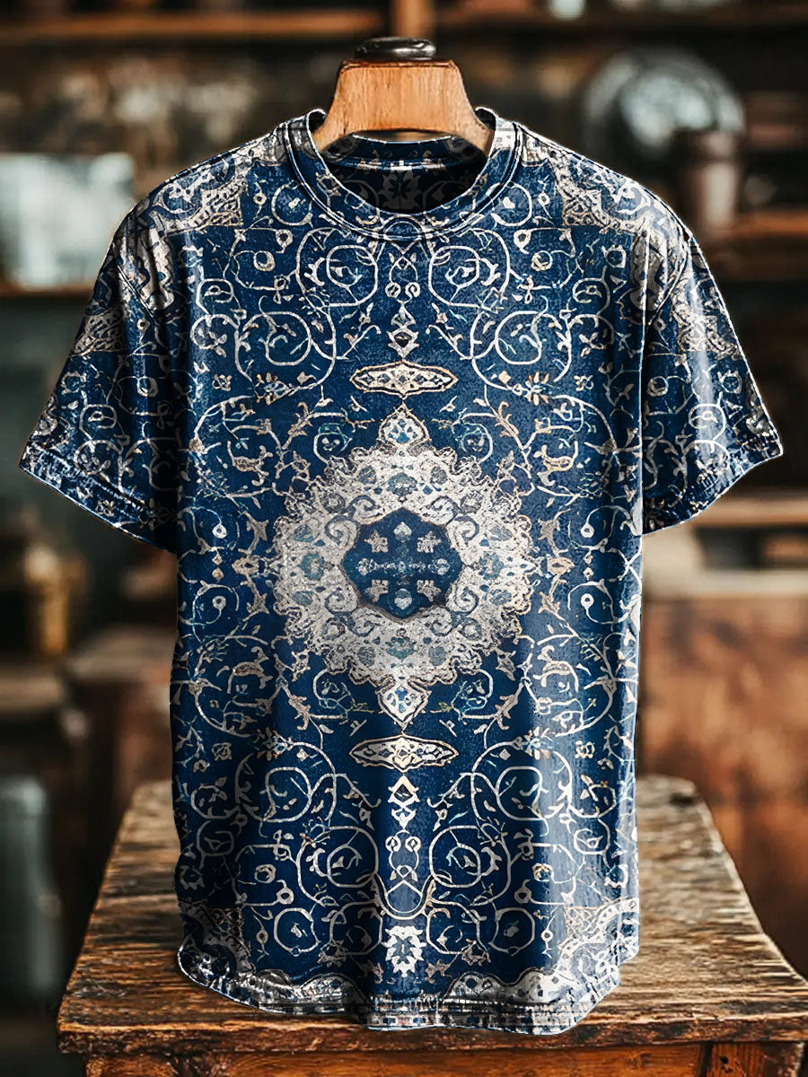 Blue Retro National Flowers pattern Vintage Art Print Casual T-shirt F