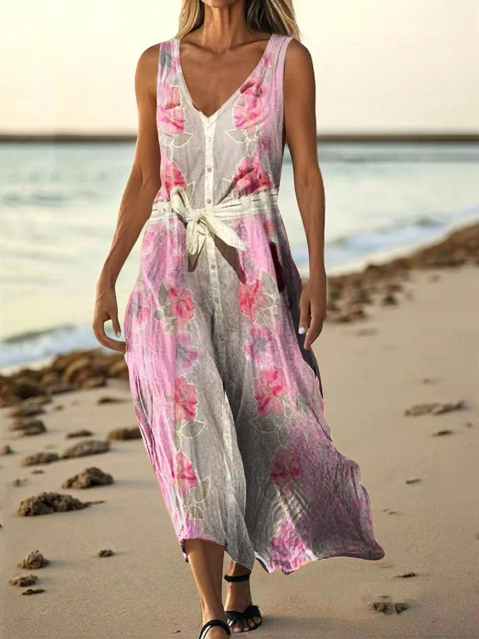 Women's Floral Art Print Pocket Cotton Dresses