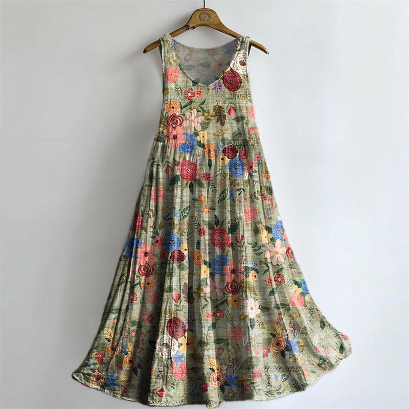 Vintage Floral-embellished Patterned Art Print Round Neck Sleeveless C