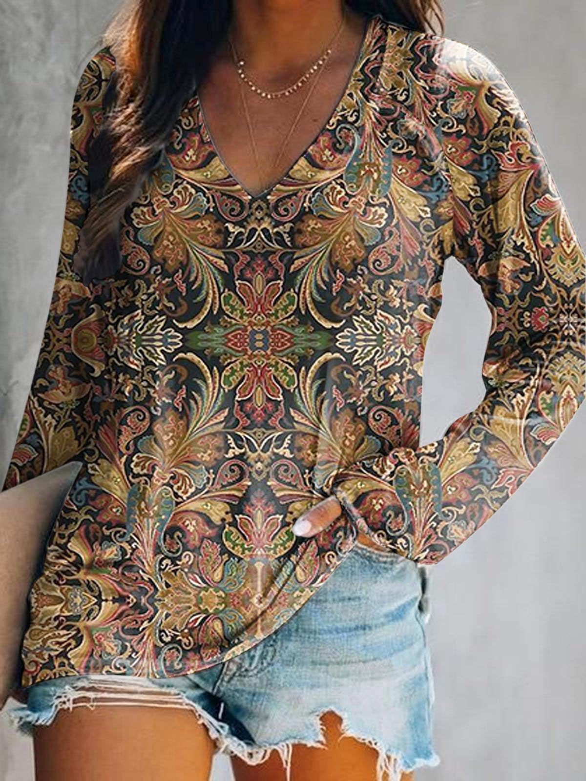 Women's Retro Ethnic Totem Printed Casual V-neck Long Sleeve T-shirt