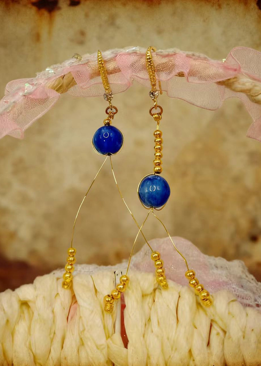 Retro Peacock Blue Tasseled Gem Stone Drop Earrings