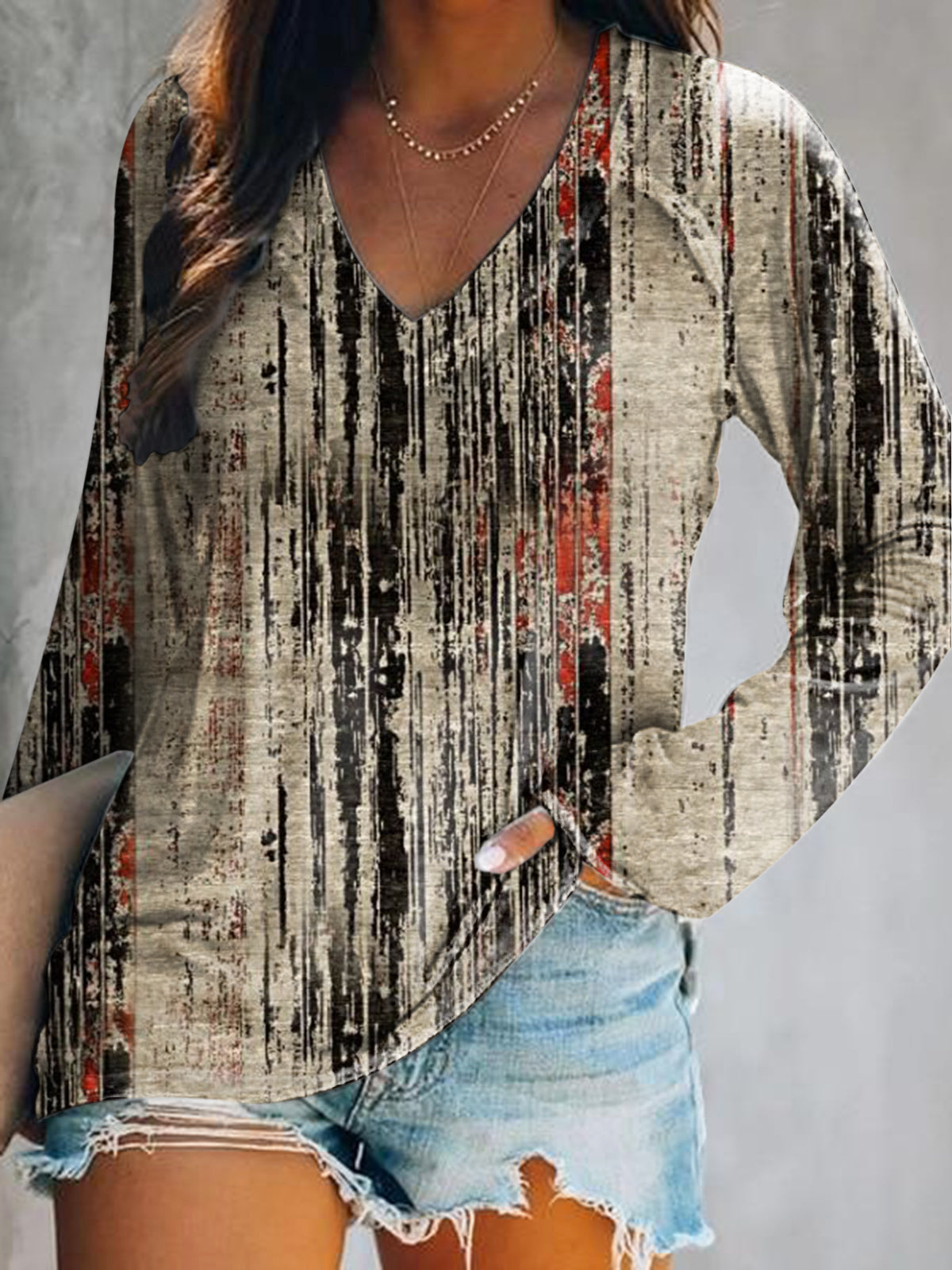 Women's Casual Vintage Bohemian Art Print V Neck Long Sleeve Tops