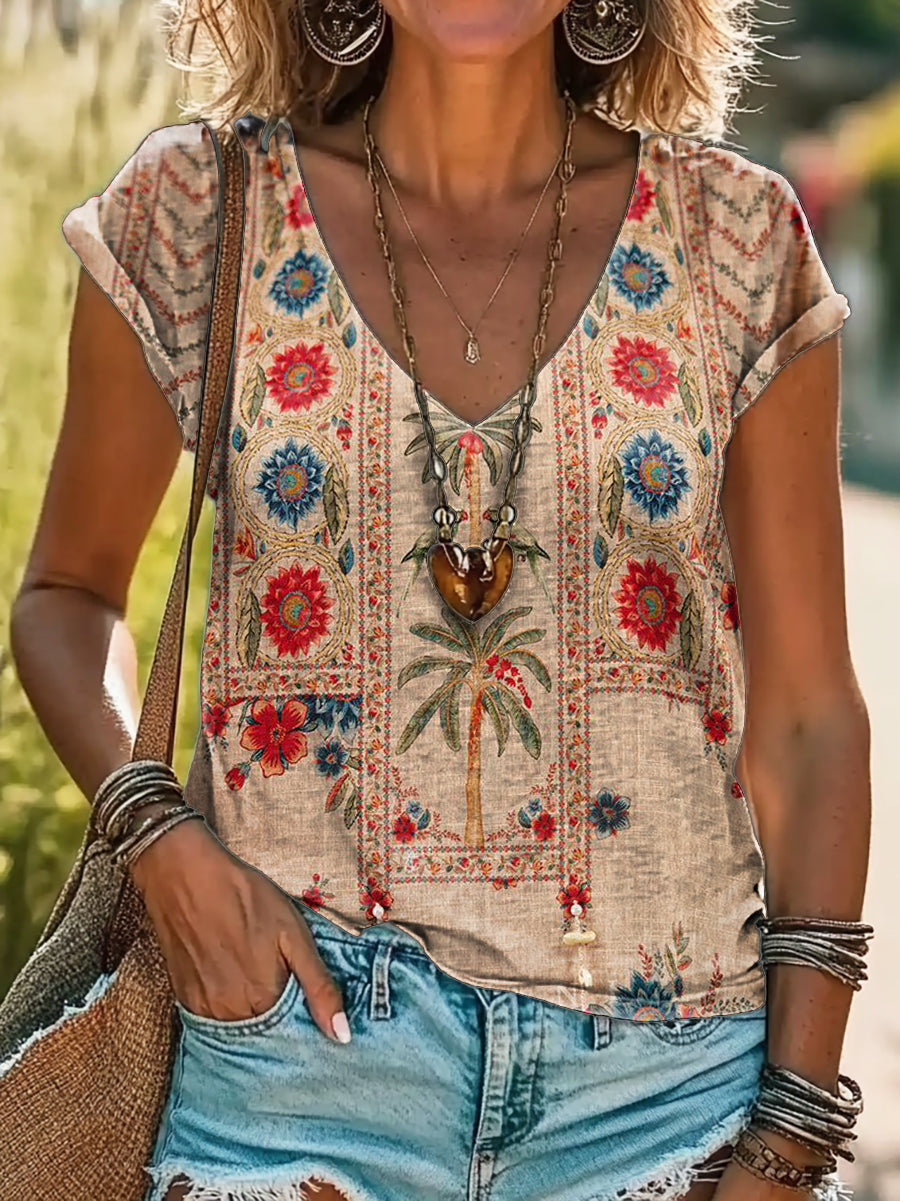 Vintage Bohemian Floral Art Print 100%Cotton V-neck T-Shirt