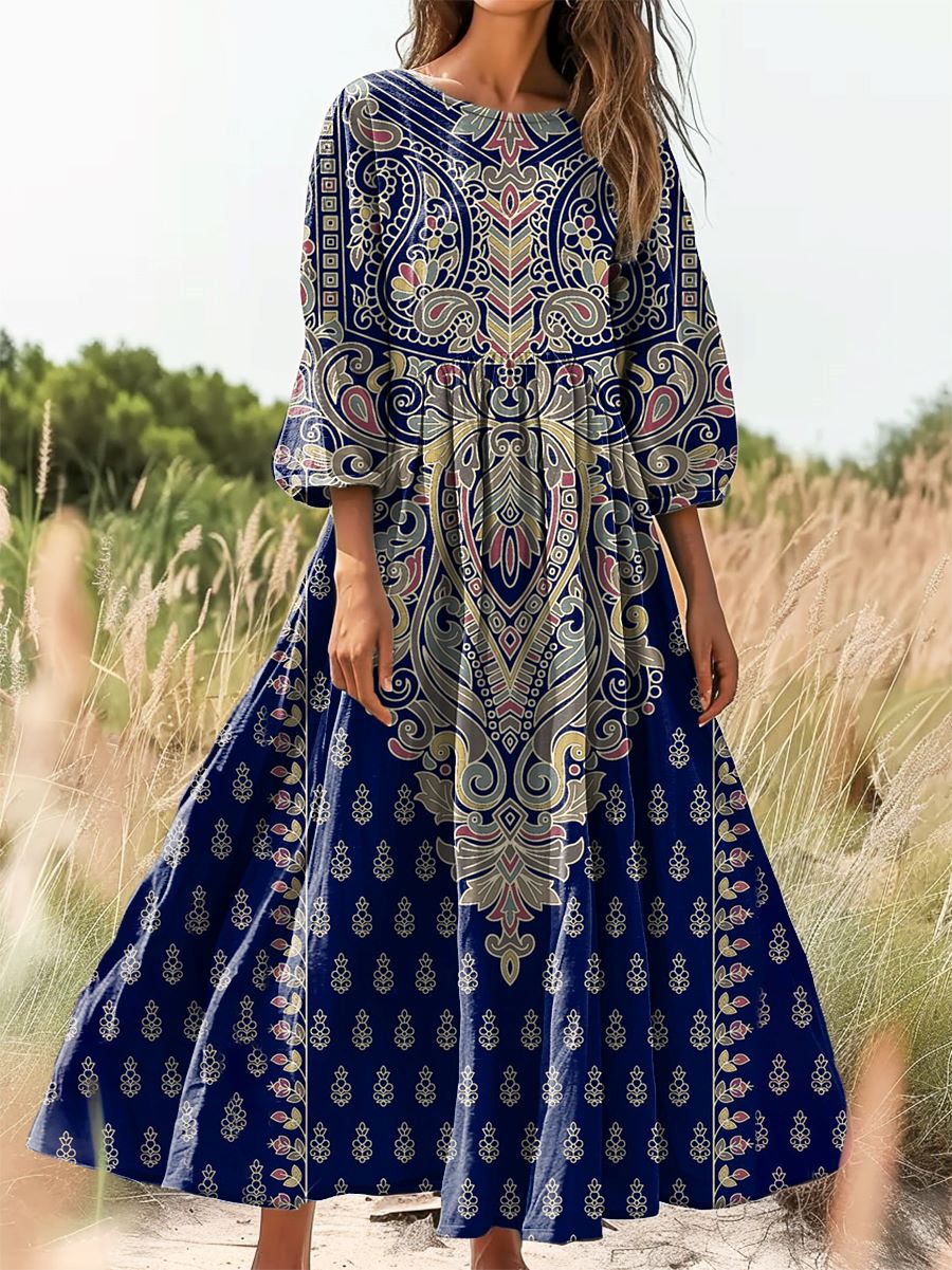 Women's Ethnic Tattoo Pattern Art Print Cotton Round Neck Dress