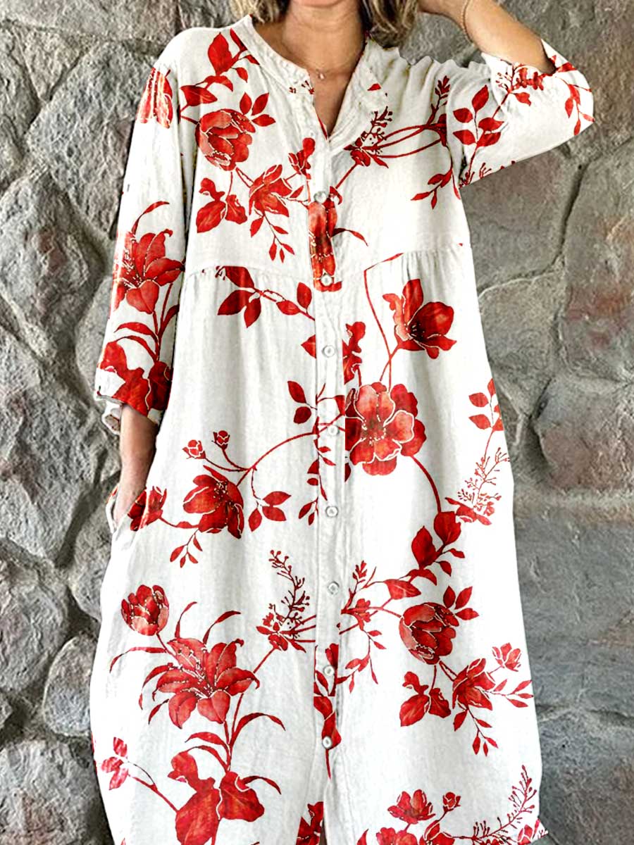 Women's Resort Art Watercolor Floral Cotton Shirt Dress
