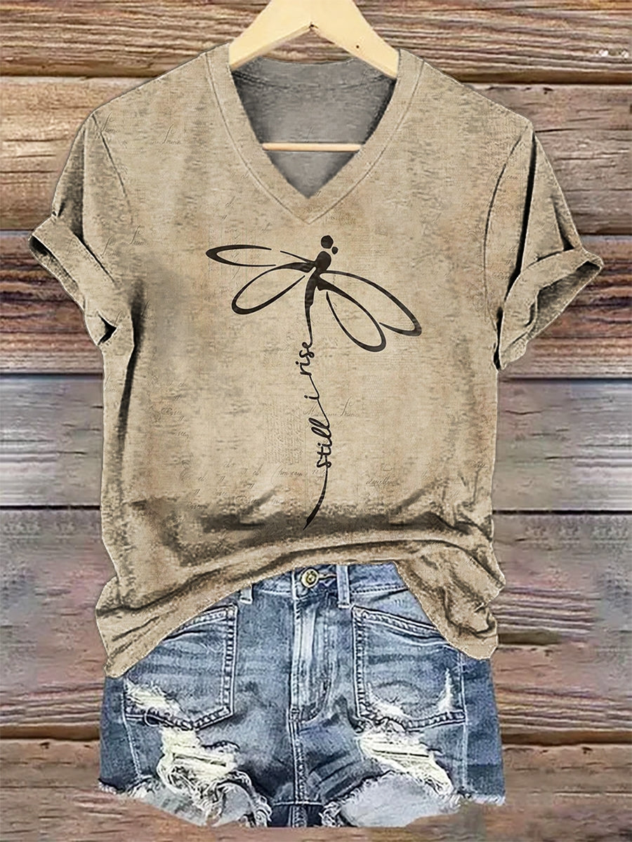 Women's Dragonfly Printed V-neck Casual T-Shirt