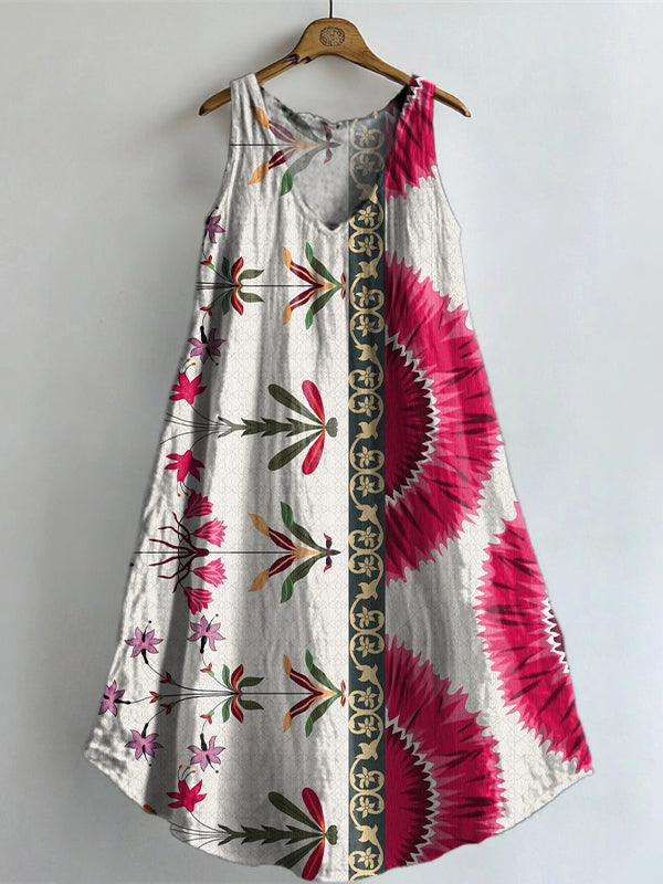 Women's Vintage Ethnic Floral Art Print V-neck Pocket Cotton Dress