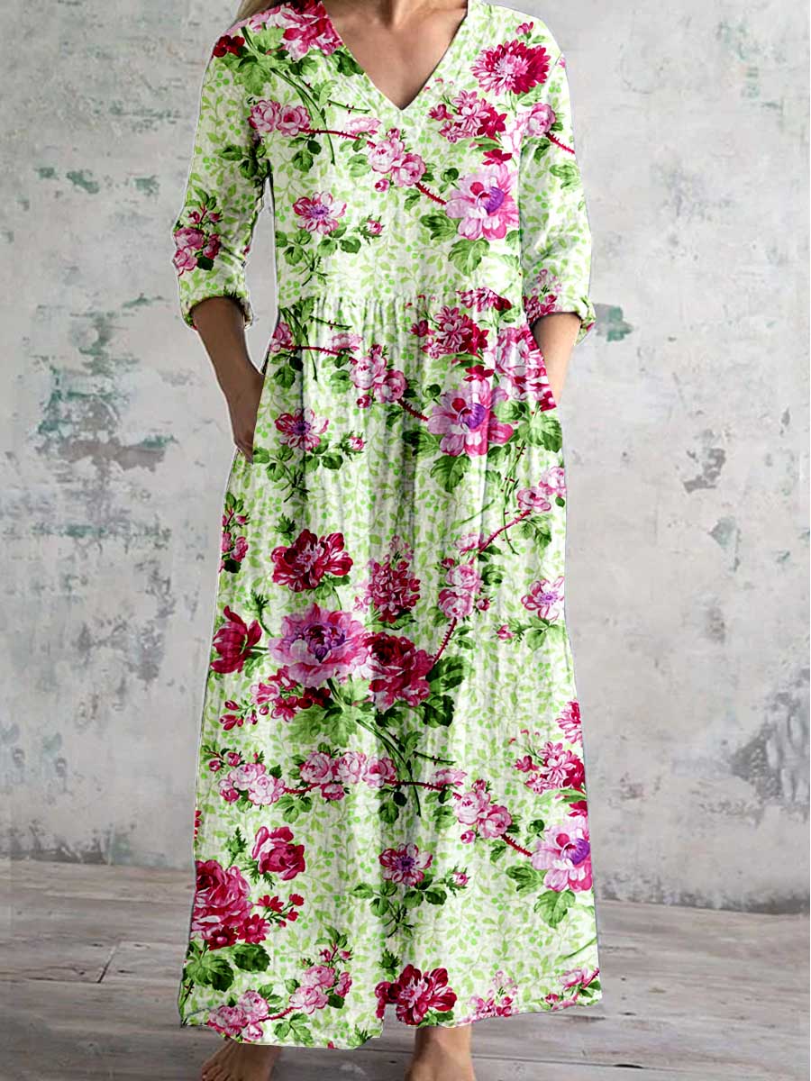 Women's Art Rose Floral V Neck Cotton and Linen Dress With Pockets