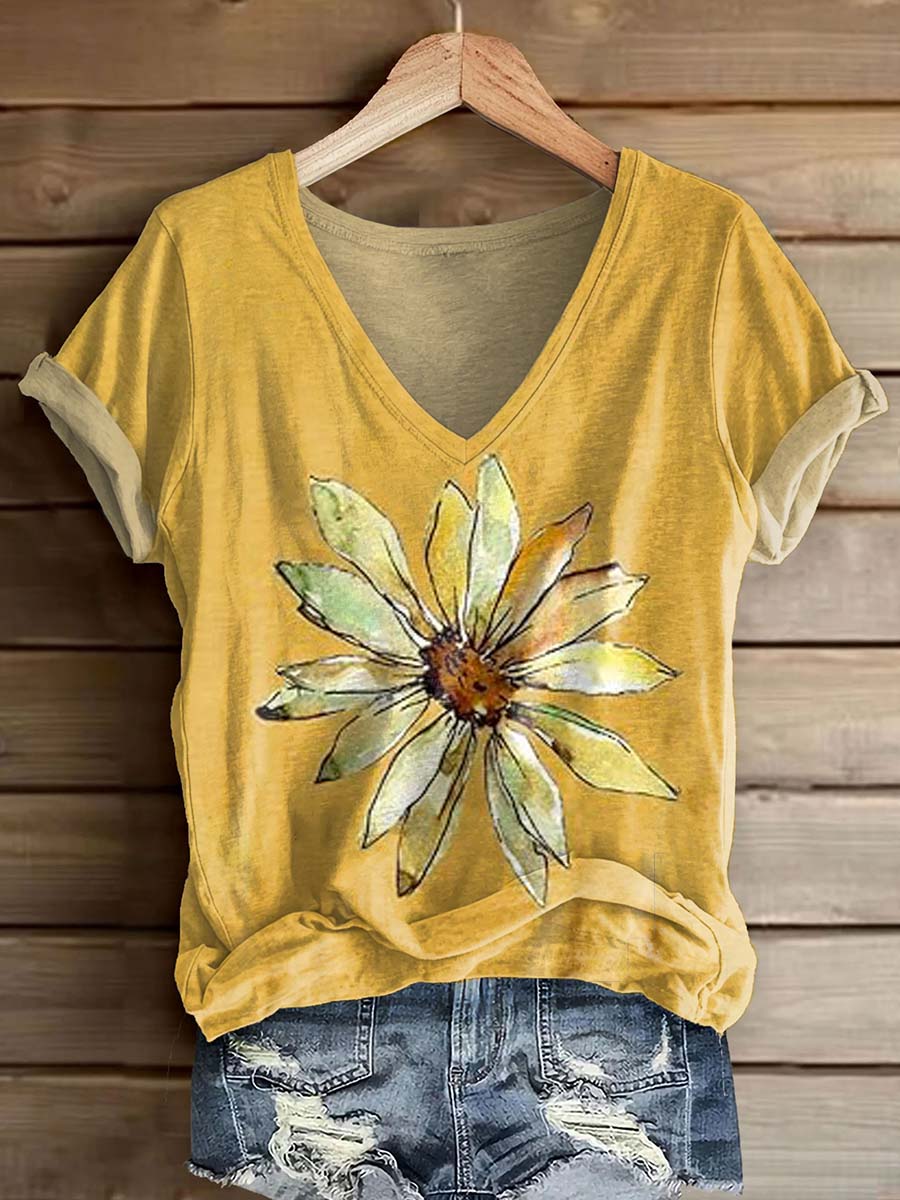 Women's Daisy Art Print V-Neck Casual T-Shirt