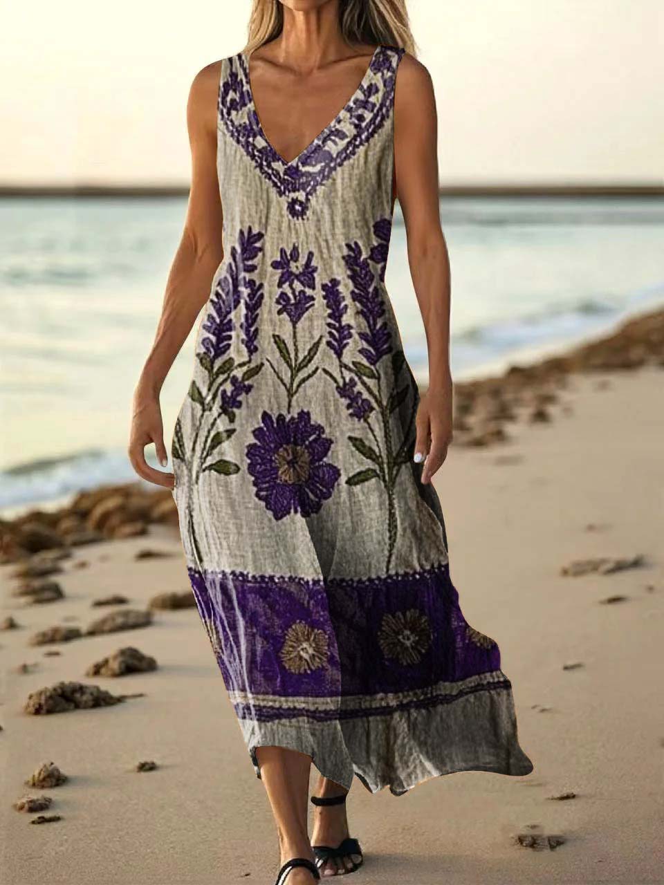 Women's Floral Art Print Pocket Cotton Dresses