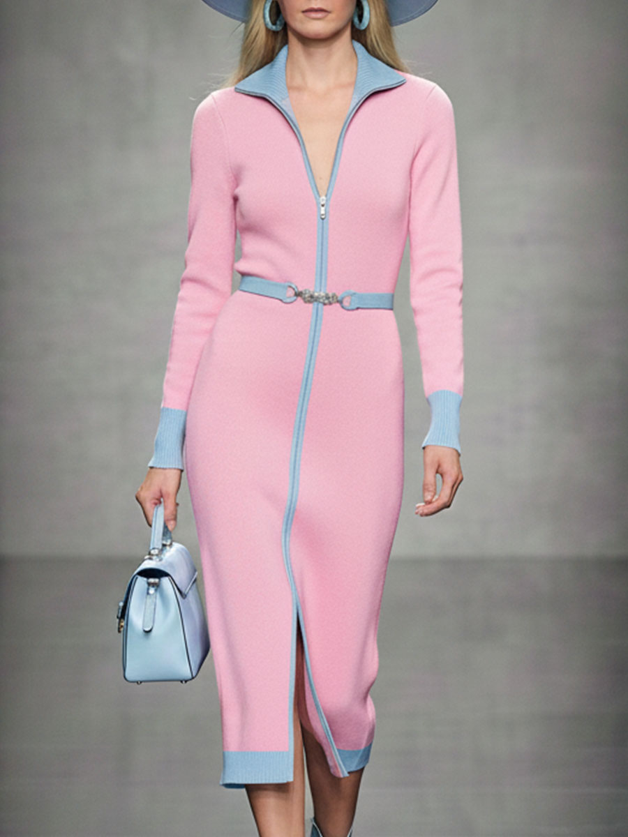 Stylish And Comfortable Pink Knitted Midi Dress