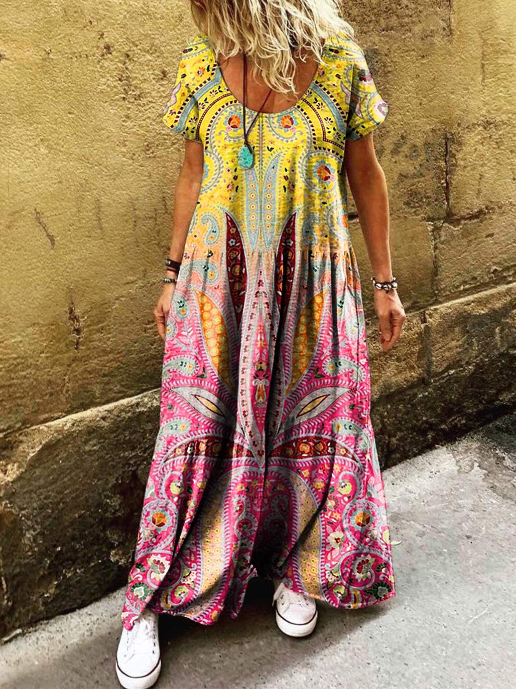 Women's Hippie Art Floral Print Round Neck Short Sleeve Dress