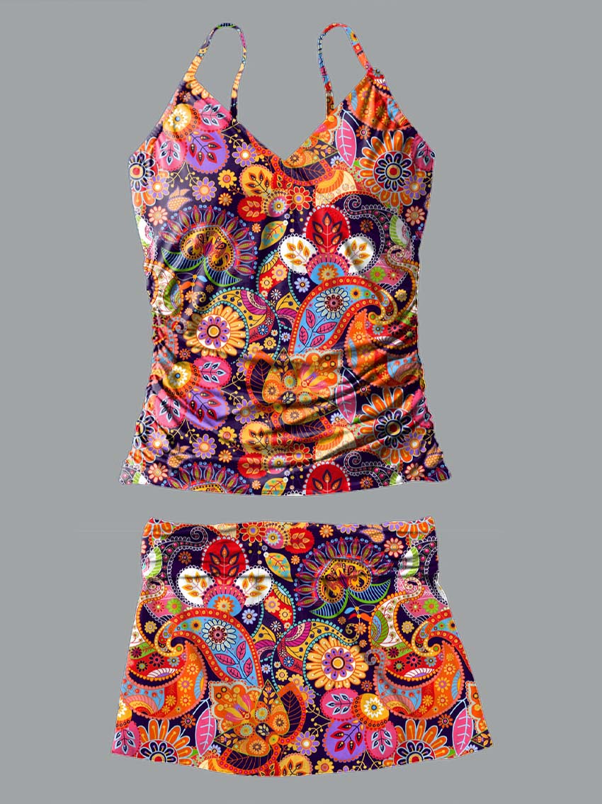 Women's Color Vintage Paisley Print Suspender Shirred Swimsuit Set