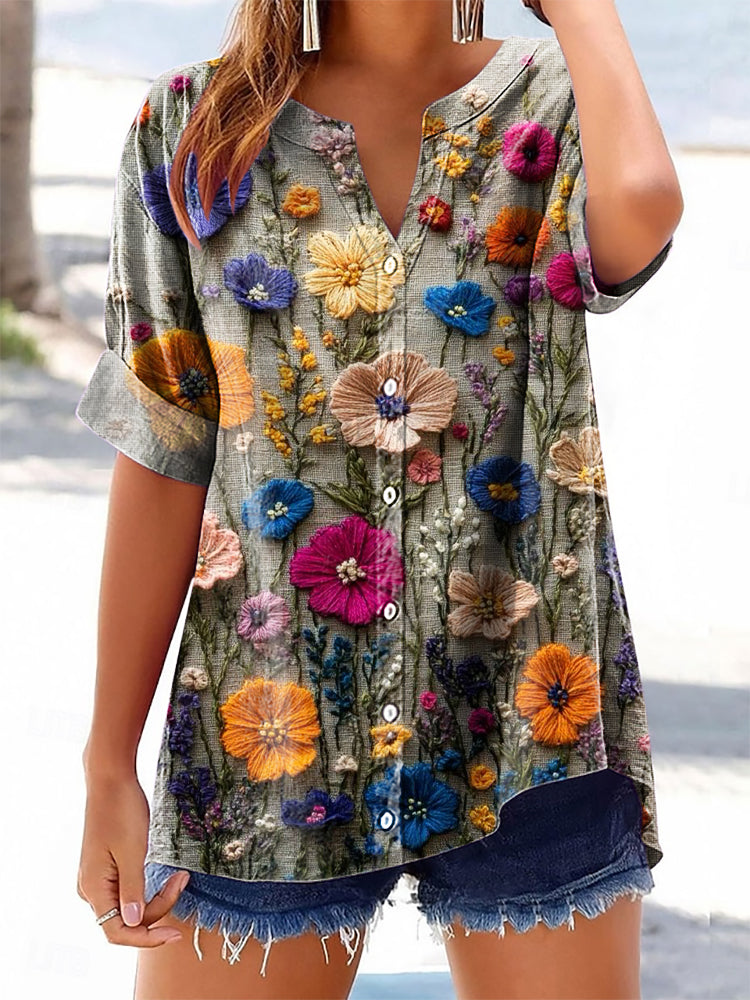 Women's Vintage Ethnic Floral Art Print Casual Cotton And Linen Shirt