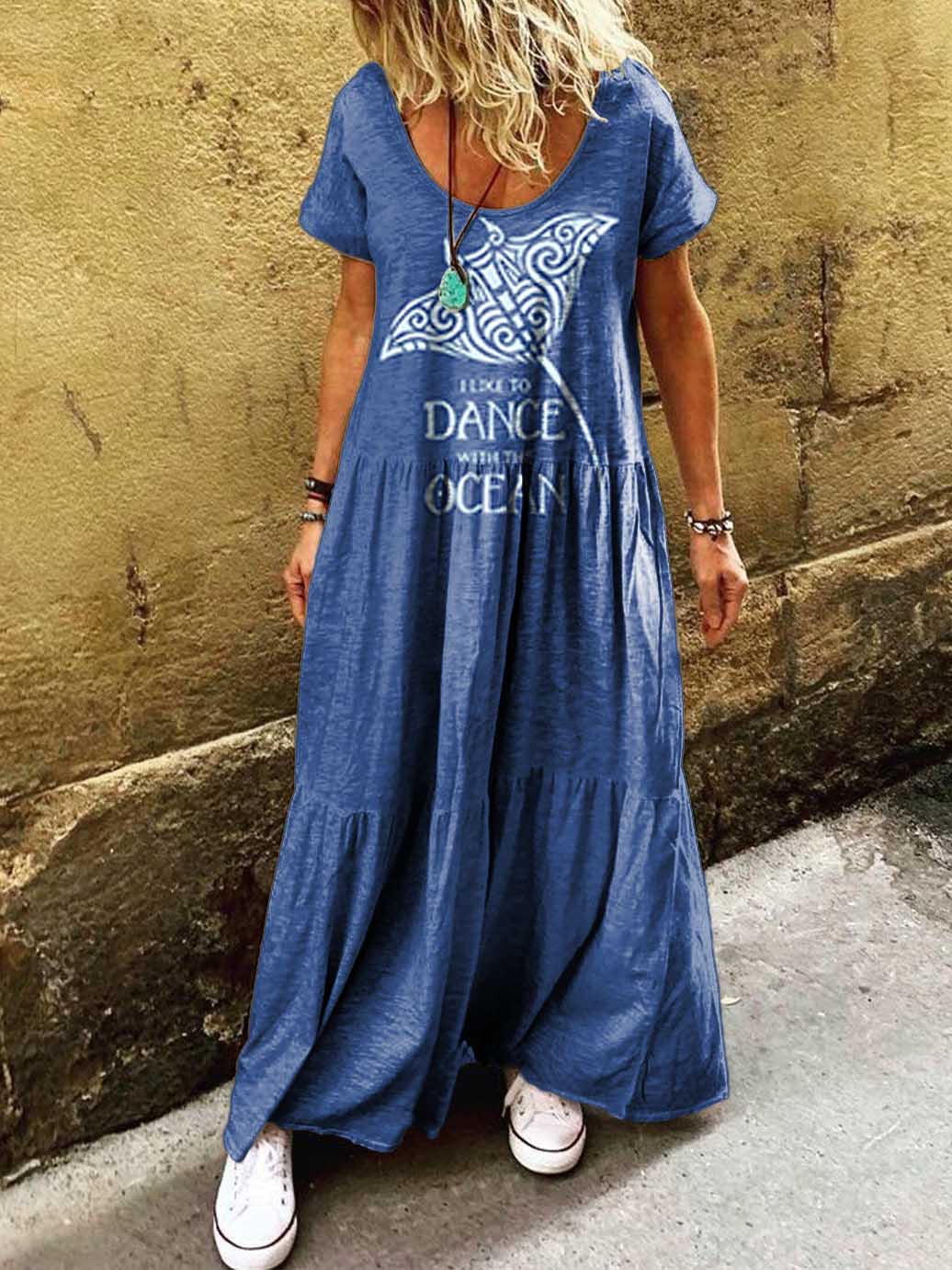 Women's Dance Ocean Pattern Art Print Pocket Short Sleeve Cotton Dress