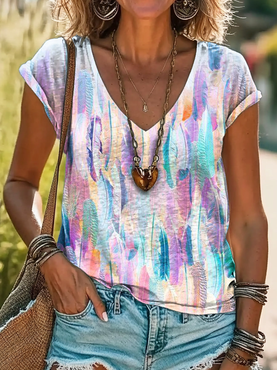 Colorful Fantasy Feather Art Print 100% Cotton V-Neck T-Shirt