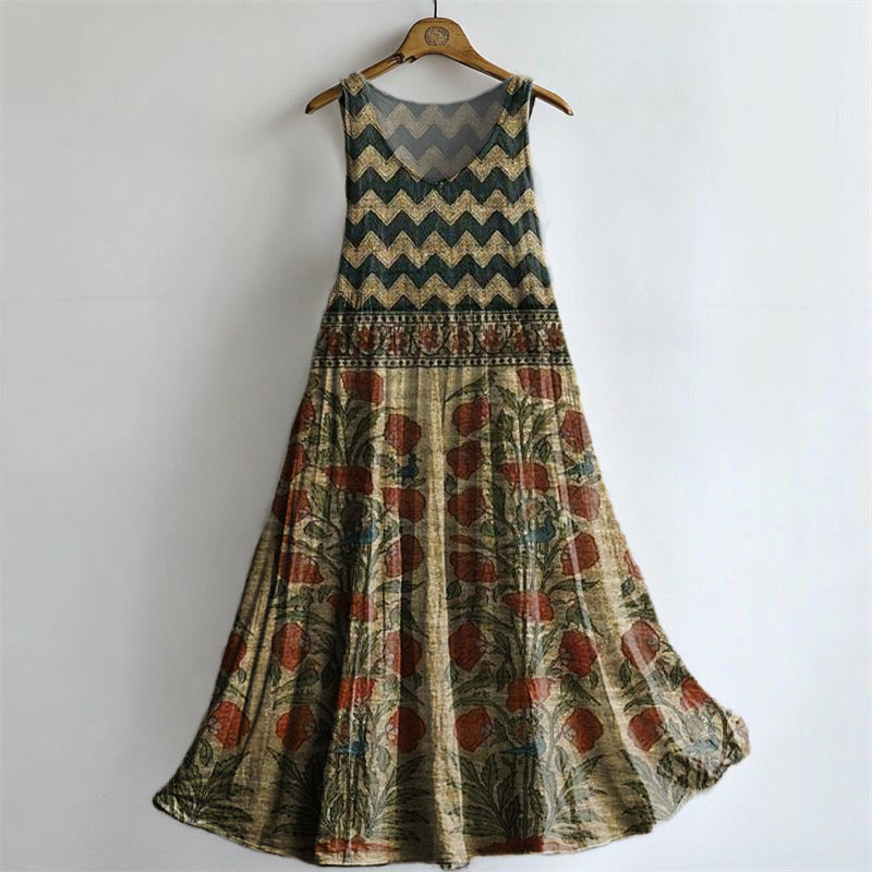 Women's Vintage Bohemian Floral Art Print Crew Neck Sleeveless Cotton