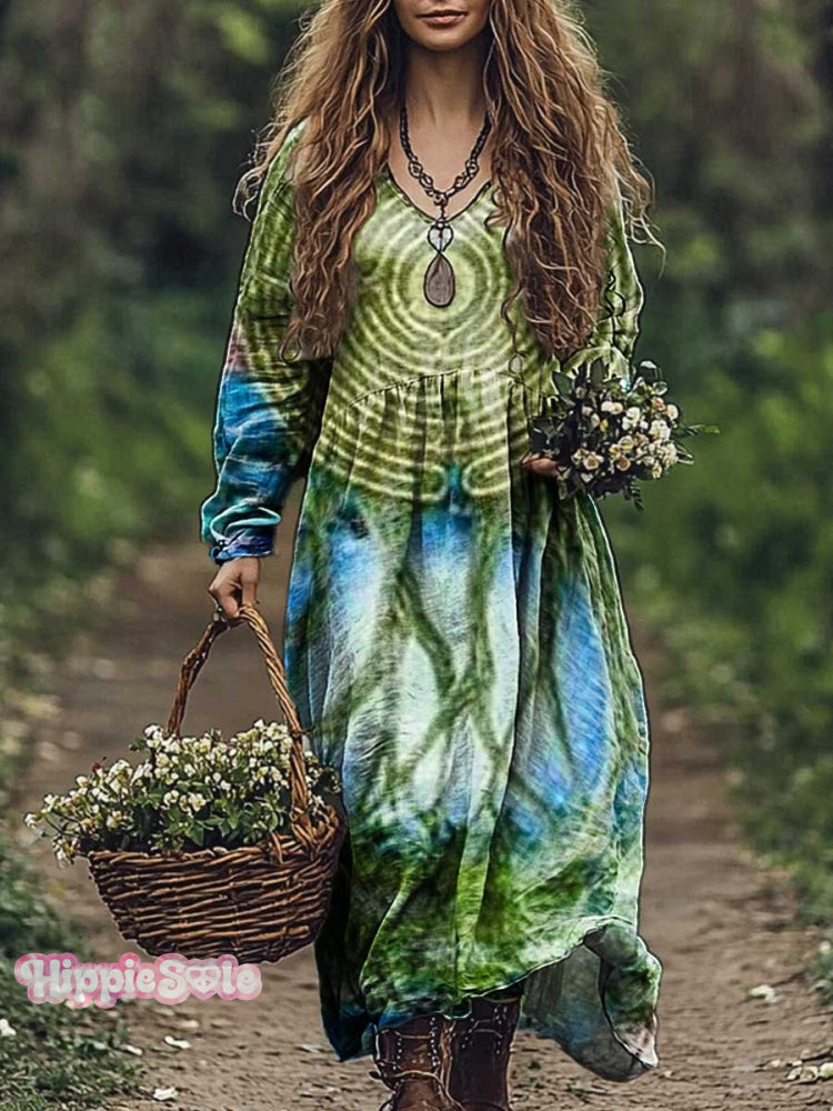 Women's Botanical Circle Art Print Pocket Cotton Dress