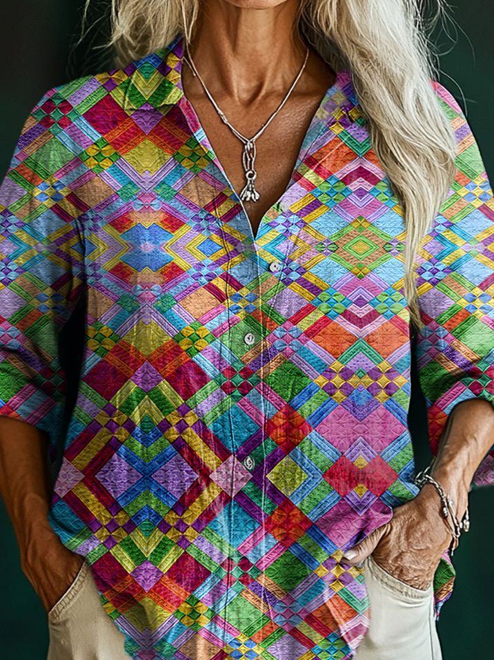 Women's Colorful Diamond Tattoo Pattern Art Print Casual Cotton Shirt