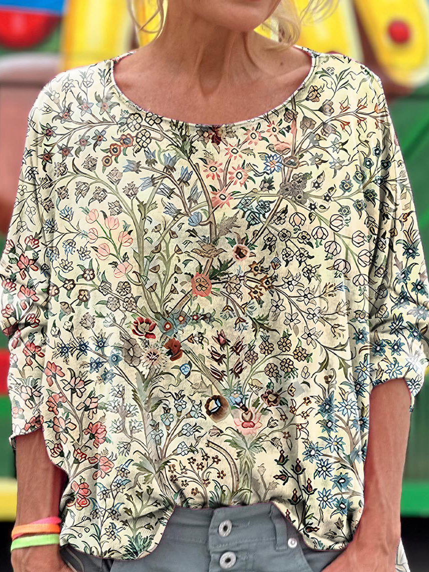 Women's Vintage Floral Art Print Casual Long Sleeve T-shirt