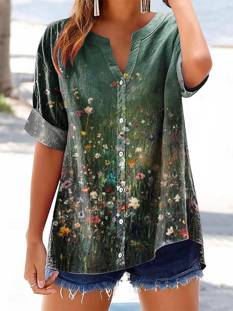 Women's Vintage Floral Art Print Casual Cotton And Linen Shirt