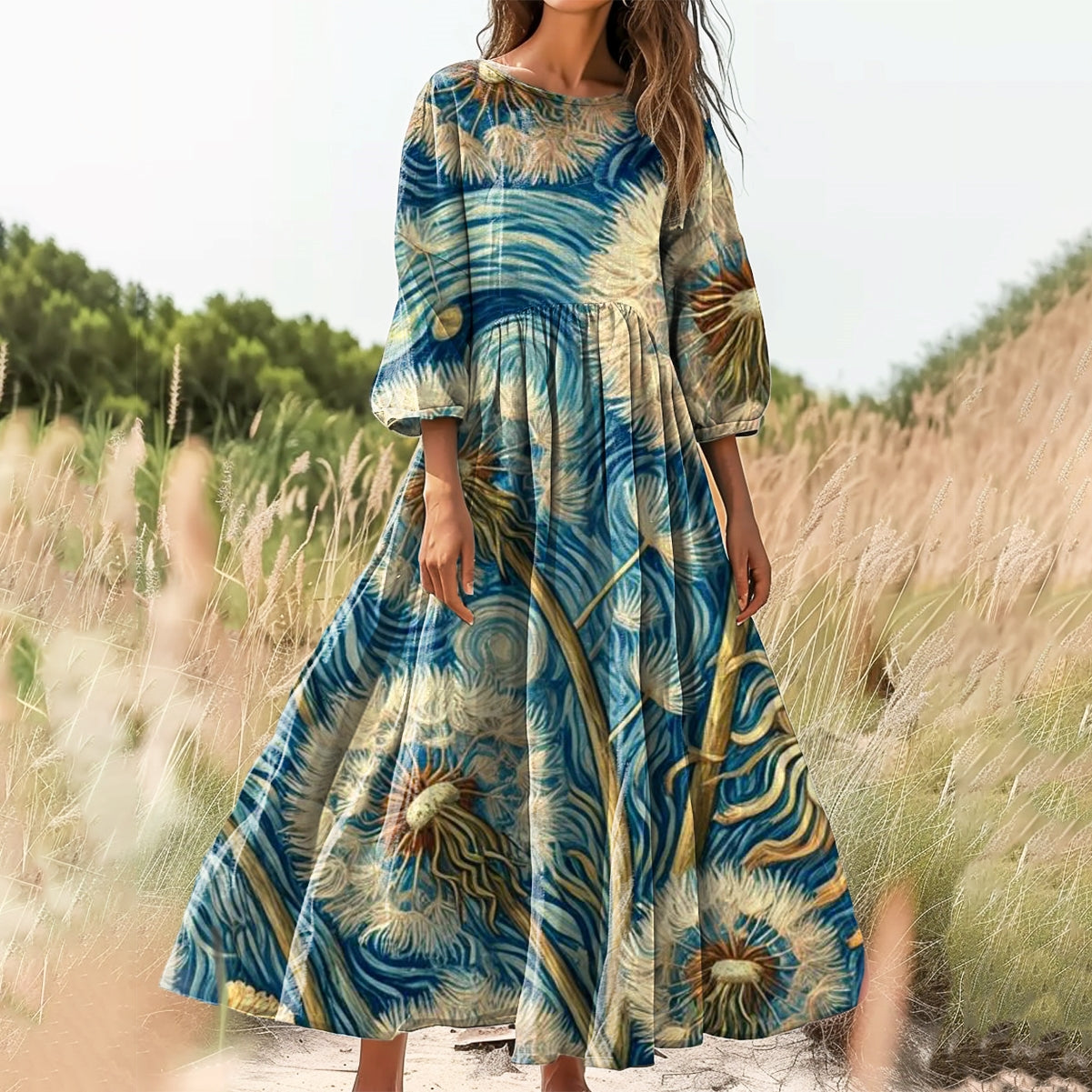 Women's Star Dandelion Pattern Art Print Cotton Crew Neck Dress