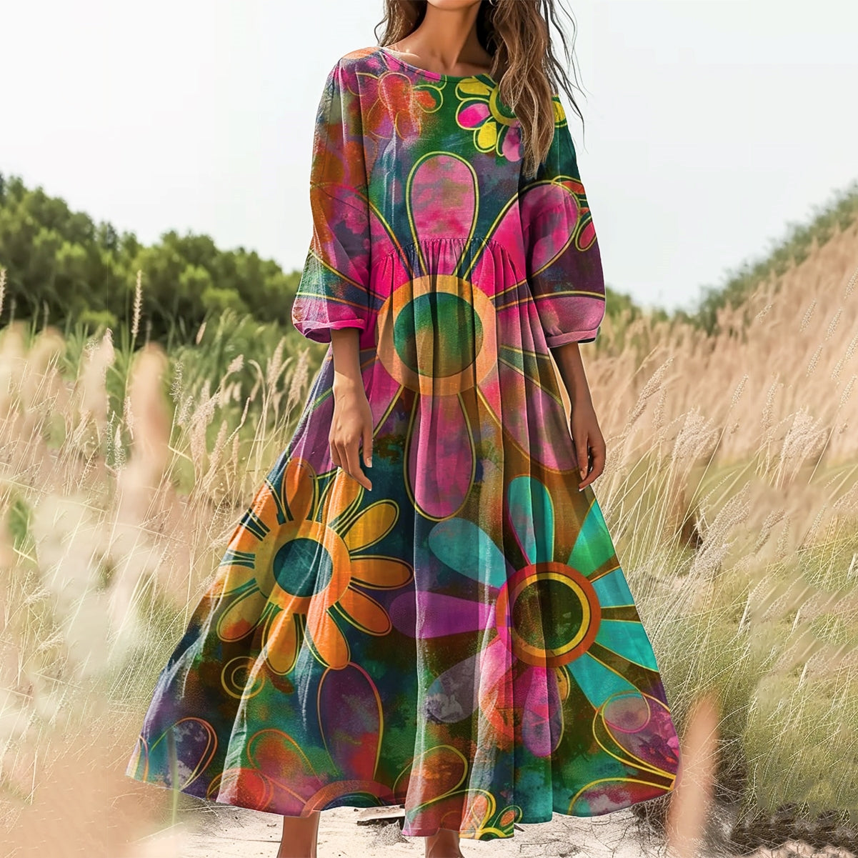 Women's Floral Art Print Cotton Crew Neck Dress