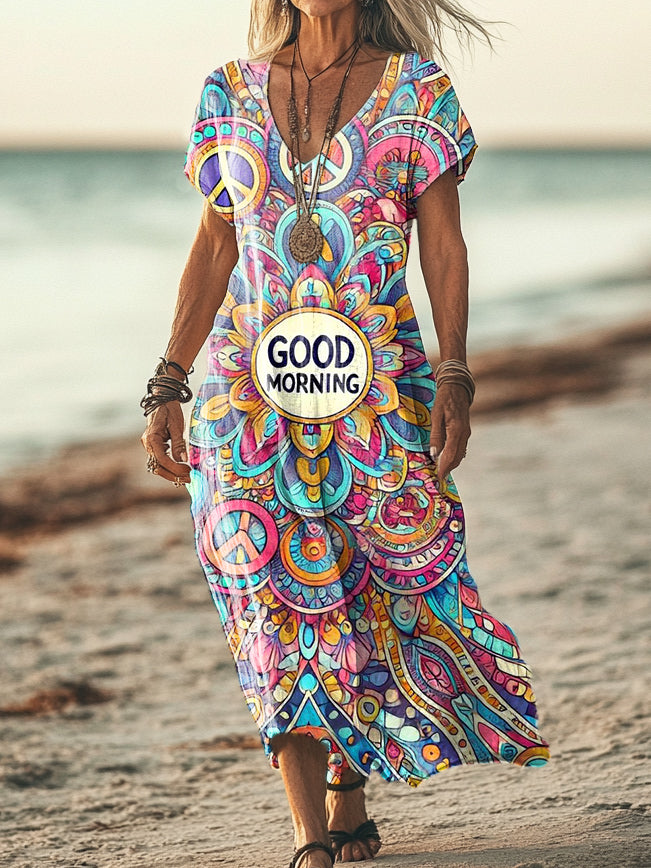 Women's Hippie Art Print Pocket Cotton Dress