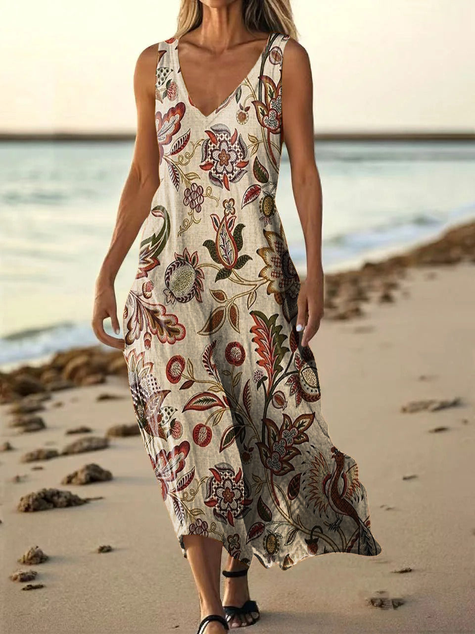 Women's Ethnic Flower Art Print Pocket V Neck Cotton Dress