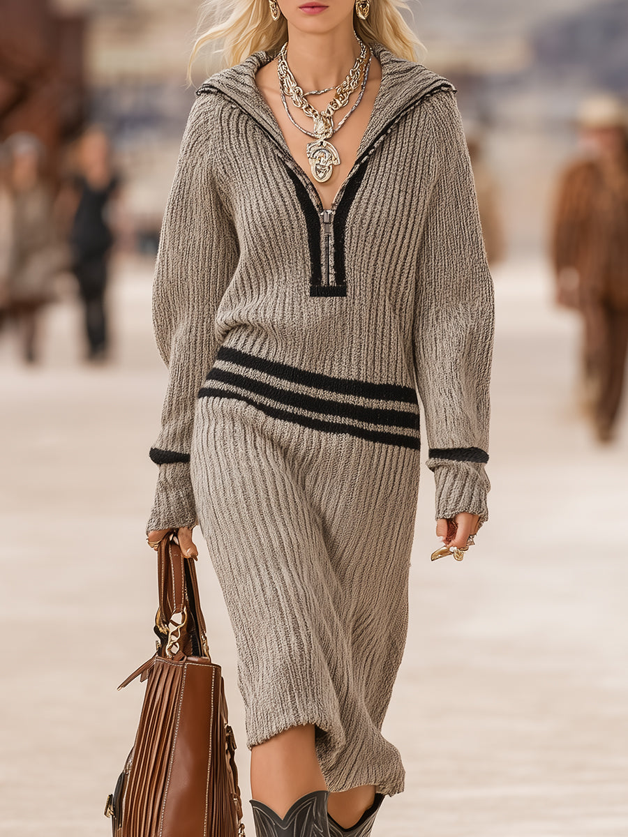 Retro Lapel Half Zipper Black Striped Gray Knitted Midi Dress