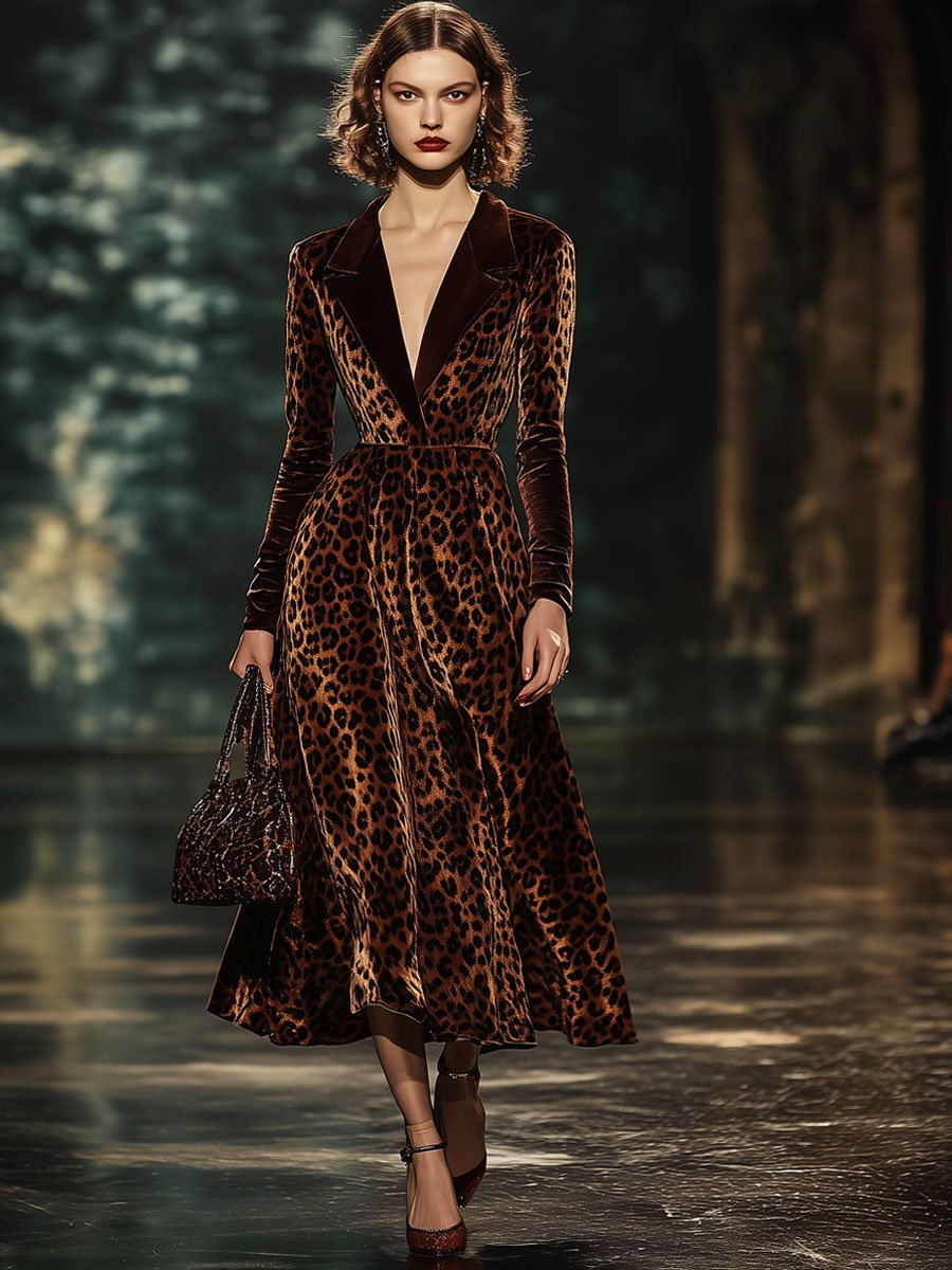 Lapel Fashion Party Leopard Print Velvet Long Sleeve Midi Dress