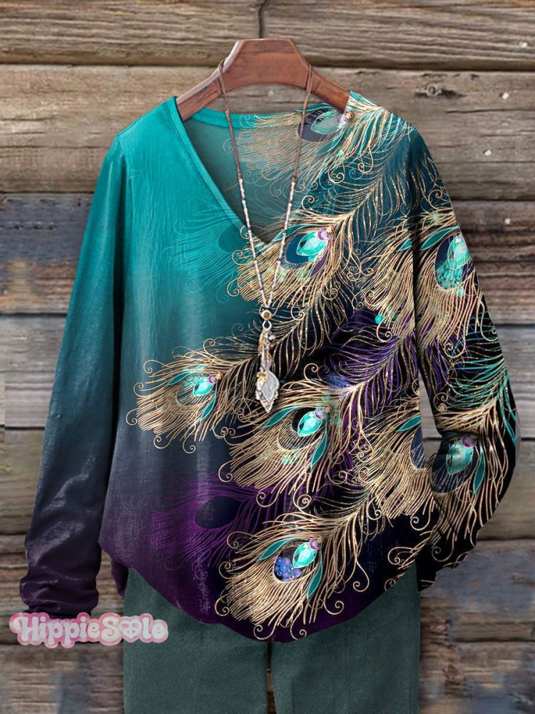 Women's Peacock Feather Art Print 100% Cotton Casual V-neck Long Sleev