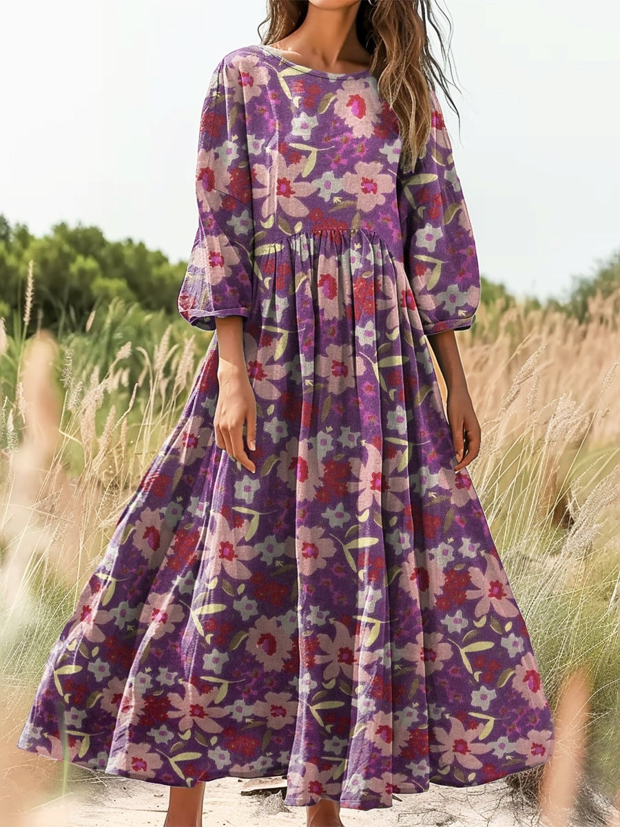 Women's Bohemian Floral Print Flowy Cotton Crew Neck Dress