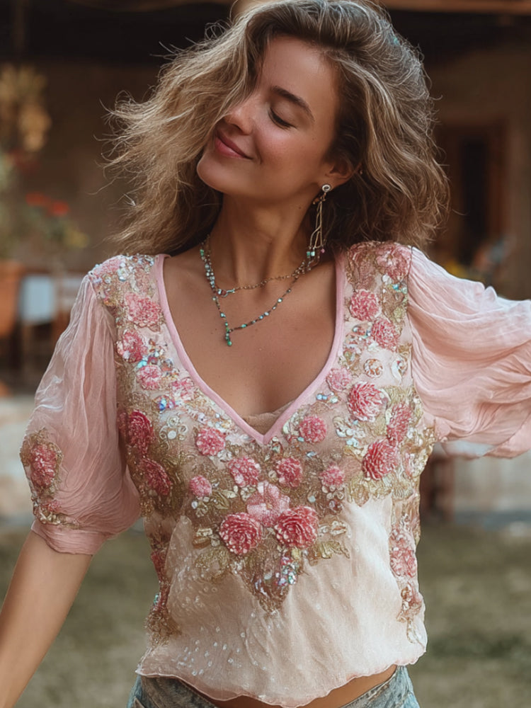 Women's Bohemian Pink And White Peony Embroidered Linen V-neck Short Sleeves elevenforest