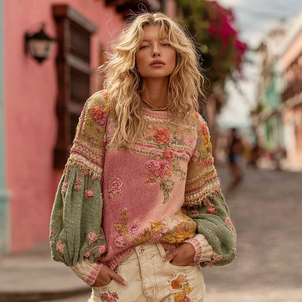 Women's Vintage Bohemian Floral Embroidery Knitted Crew Neck Sweater