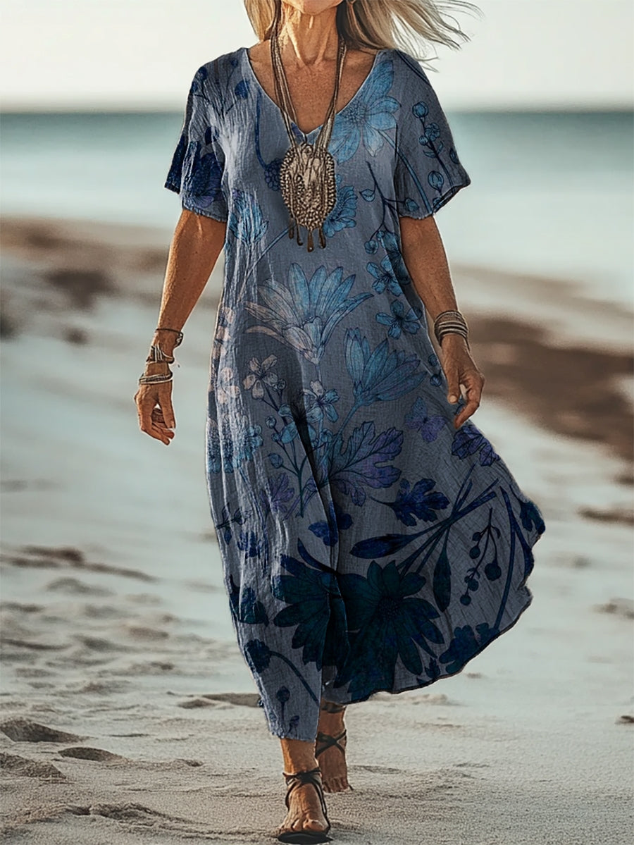 Women's Simple Flower Art Print V Neck Pocket Cotton Dress