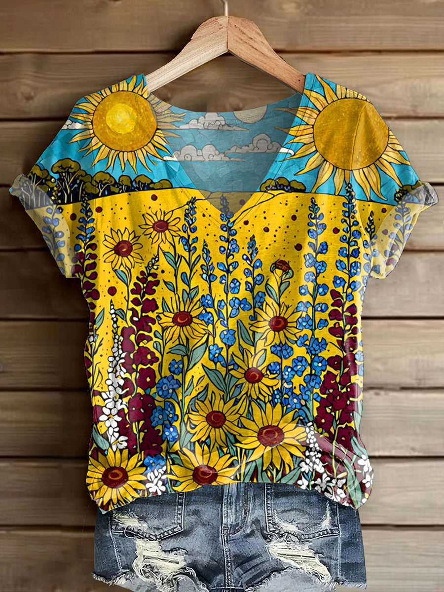 Women's Bohemian Floral Art Print V-neck Casual T-Shirt