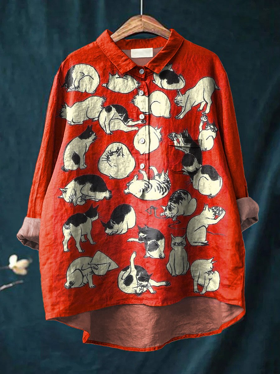 Vintage Funny Cats Art Print Casual Cotton And Linen Shirt