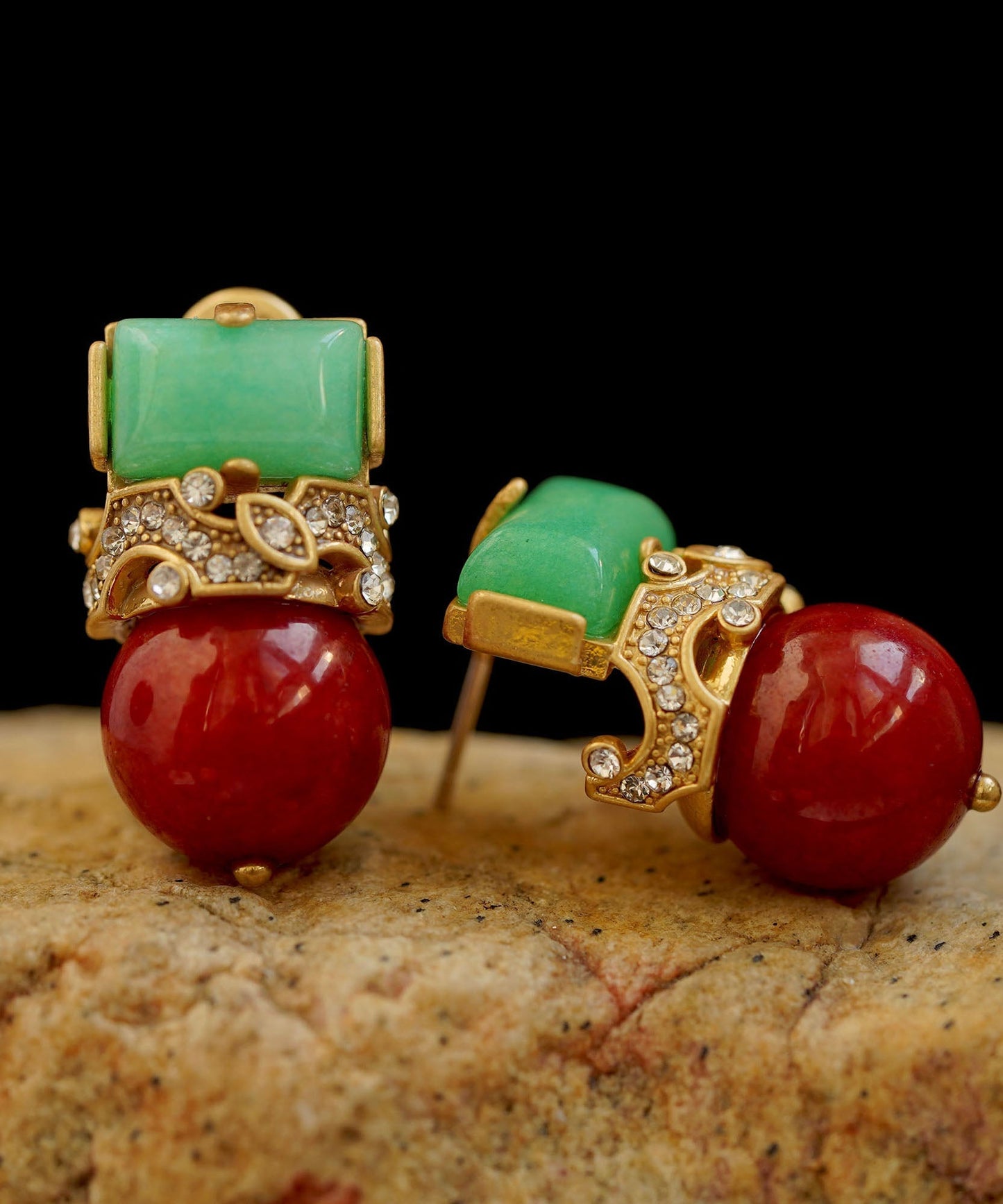 Colorblock Sterling Silver Overgild Zircon Jade Agate Stud Earrings