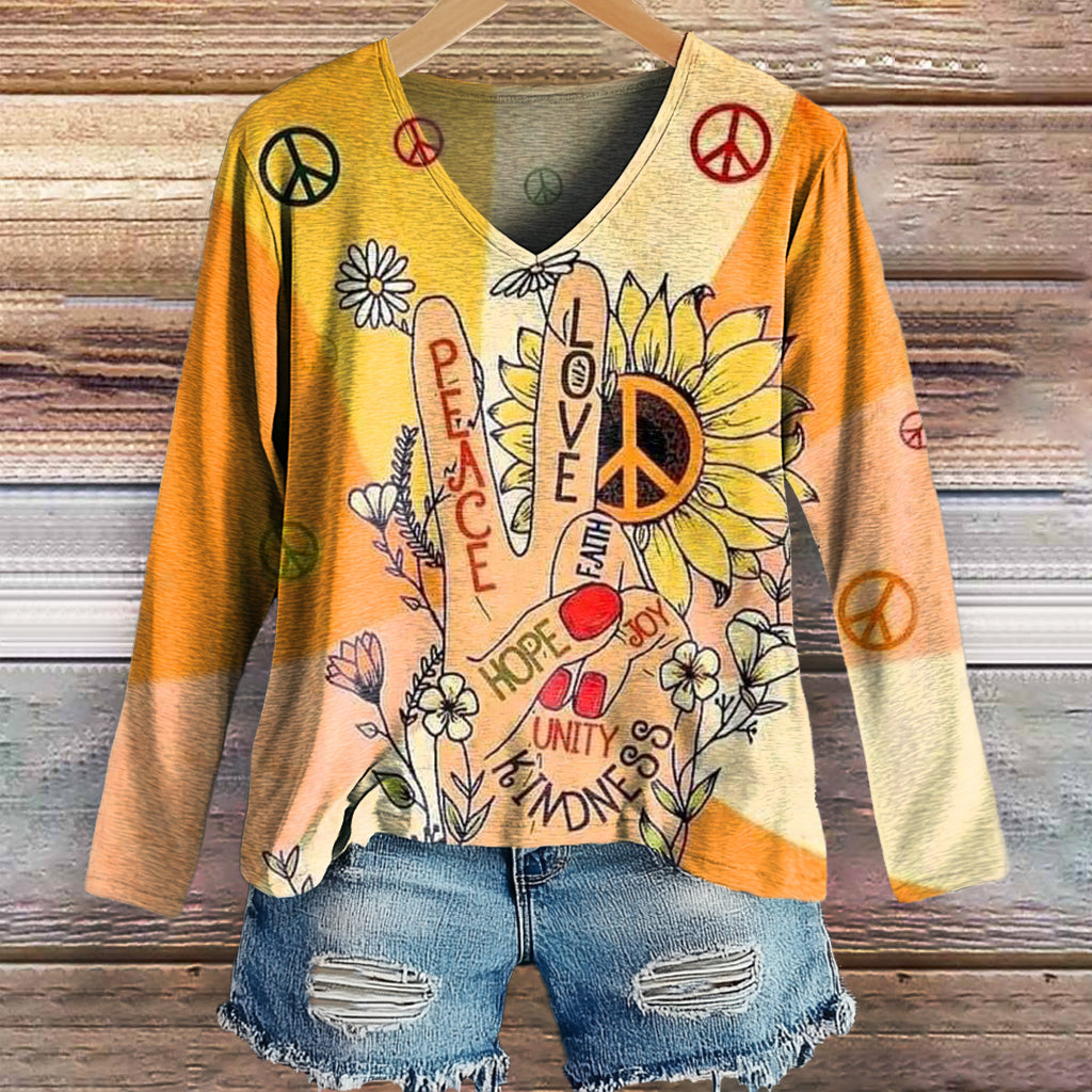 Women's Hippie Peace Love Art Print Casual V-neck Long Sleeve T-shirt