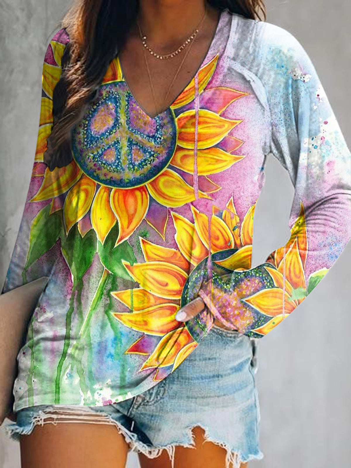 Women's Casual Hippie Floral Art Print V Neck Long Sleeve Tops