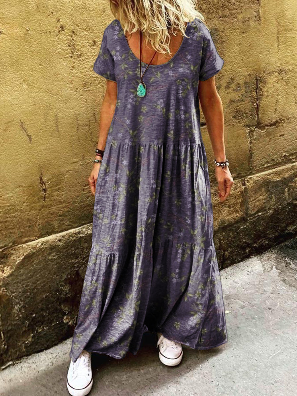 Women's Vintage Floral Art Print Pocket Short Sleeve Cotton Dress