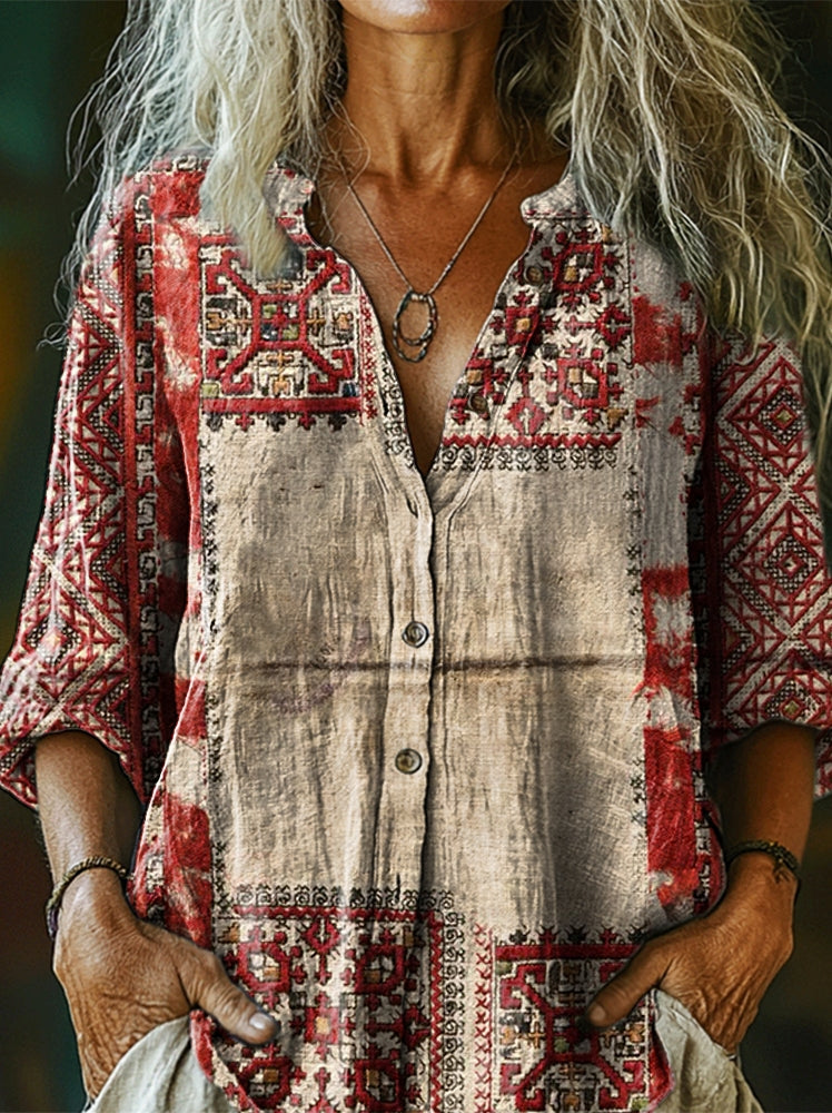 Women's Vintage Ethnic Art Print Comfortable Long Sleeve Cotton Shirt