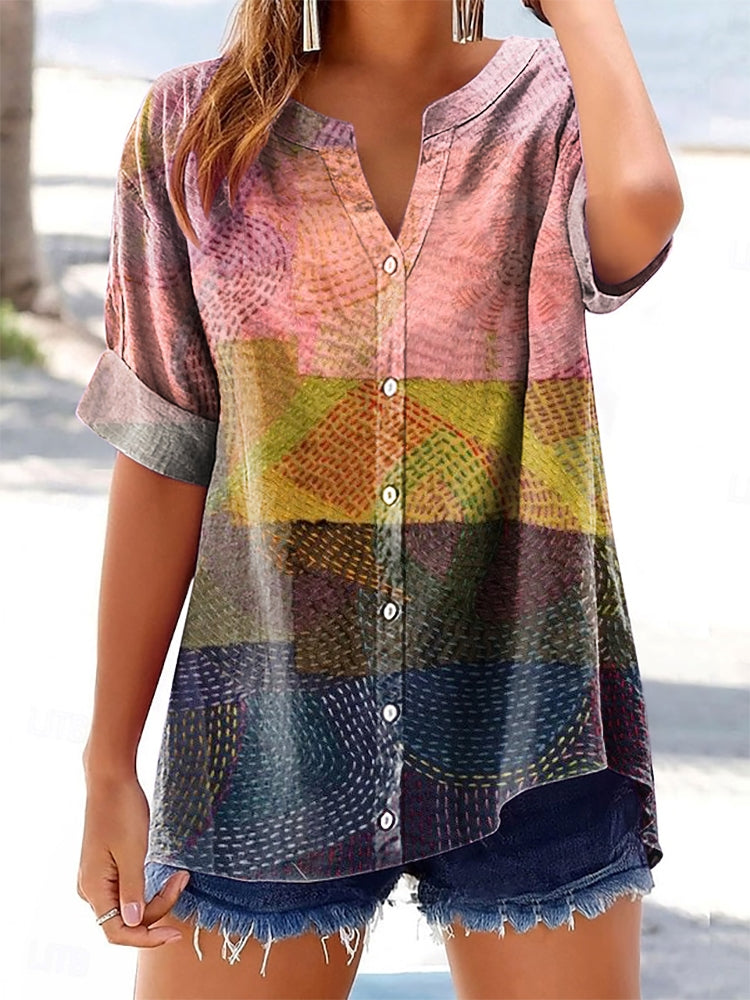 Women's Colorful Patchwork Pattern Art Print Cotton Linen Casual Shirt