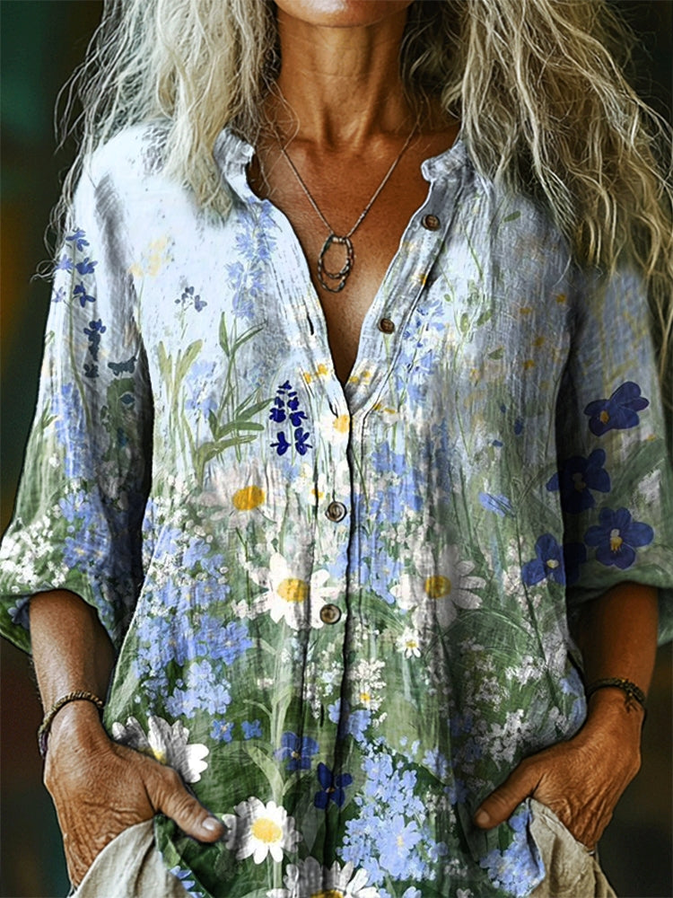Women's Floral Pattern Art Print Linen Cotton Casual Shirt
