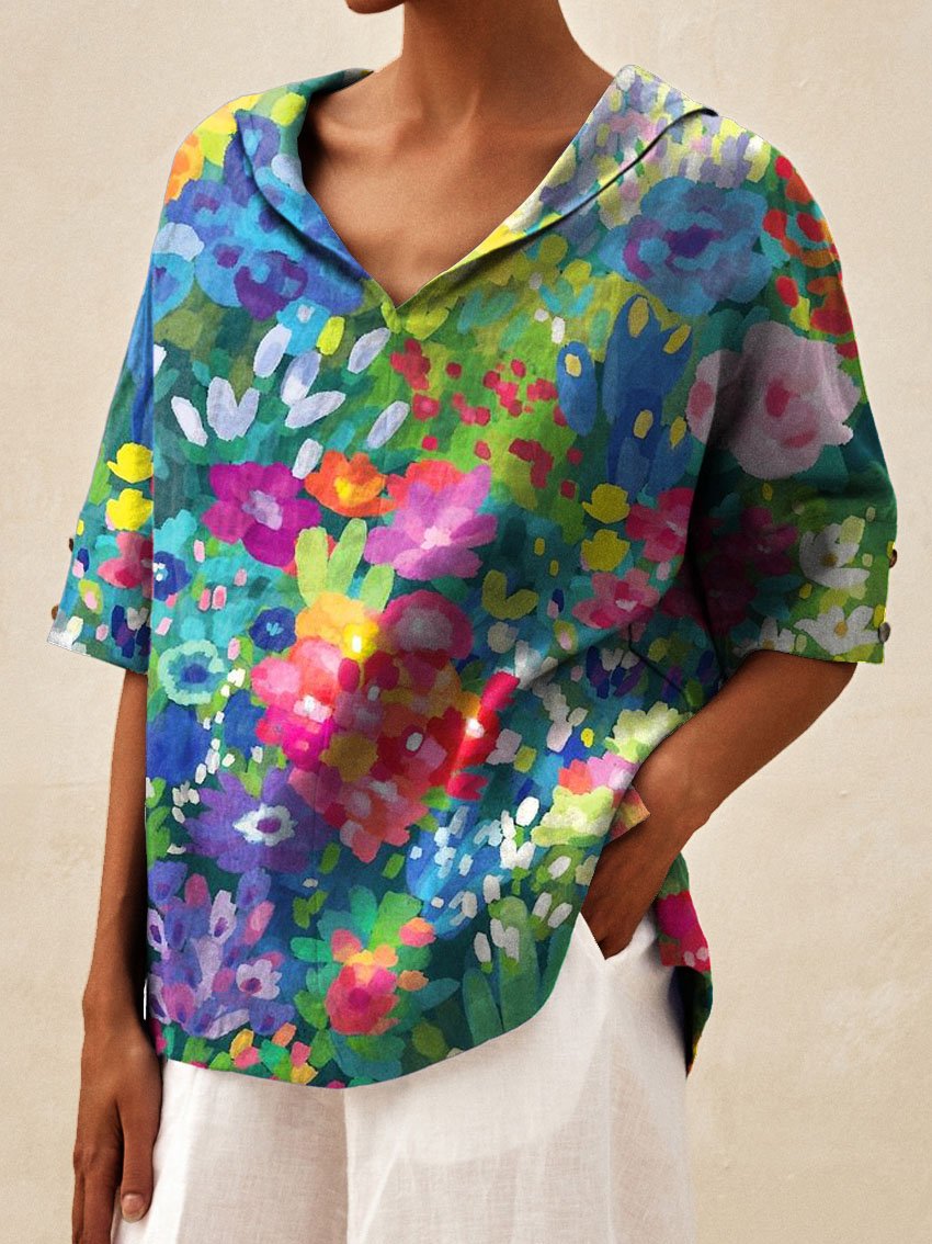 Women's Vintage Lovely Floral Art Print Casual Linen V-neck Shirt
