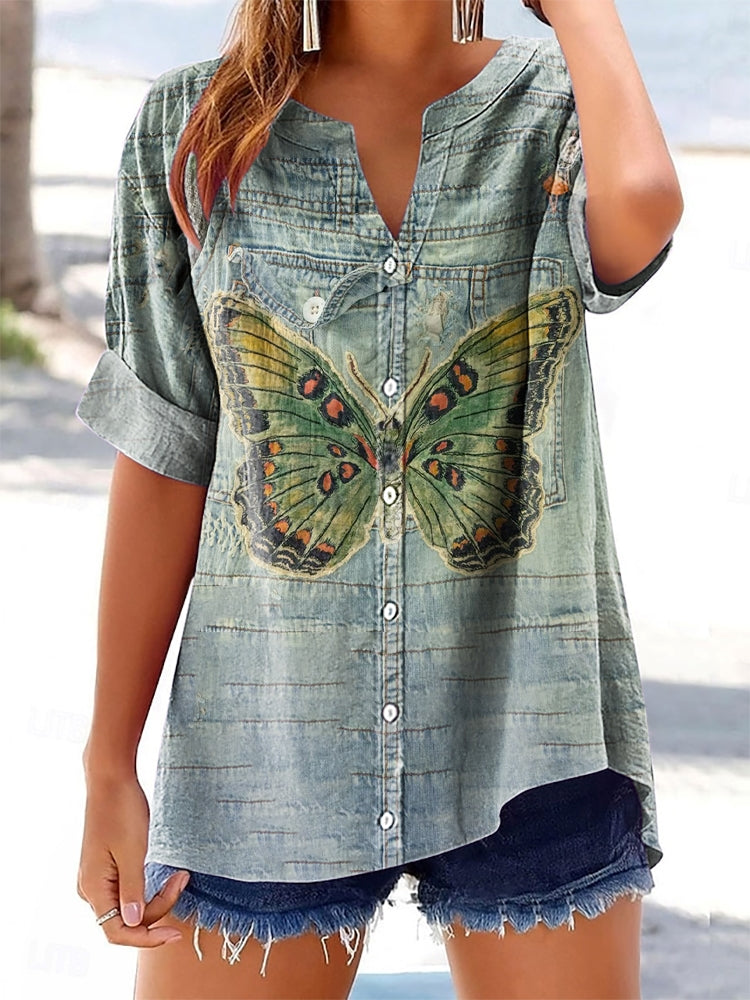 Women's Butterfly Pattern Art Print Cotton and Linen Casual Shirt